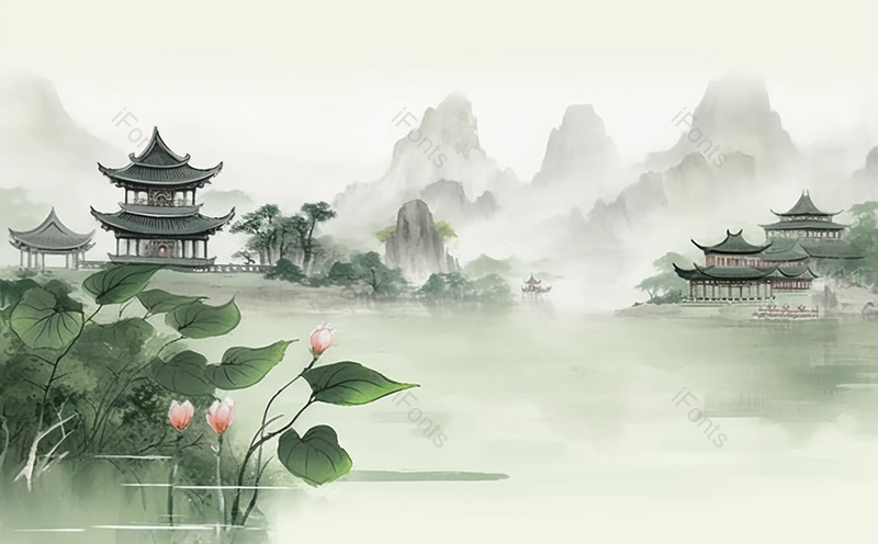 斗拱建筑立夏平静湖面云雾策绕荷花盛开国风水墨画,插画/手绘图,插画/手绘图库,插画/手绘图下载,插画/手绘